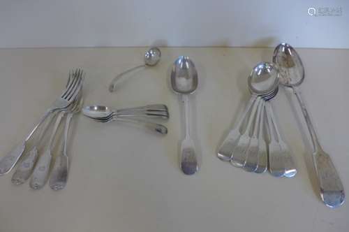 Seventeen pieces of silver flatware, including a serving spoon, total weight approx 36.2 troy oz