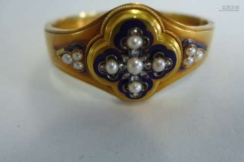 A very pretty Victorian diamond seed pearl and enamel gold hinged bangle, not hallmarked but