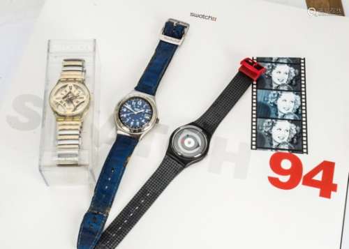Three c1990s Swatch wristwatches, including Point of View in black and white polystyrene box and