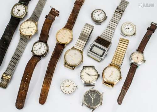 A collection of 12 wristwatches, including a Pluto silver trench style, a gilt watch marked Omega De