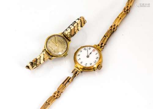 Two vintage 18ct gold cased ladies wristwatches, one older trench style on a 15ct gold bracelet,