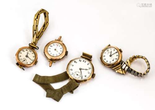 Four early to mid 20th century 9ct gold cased ladies wristwatches, three on gold plated straps