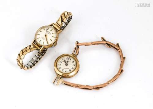 Two 9ct gold cased ladies watches, one on 9ct gold marked expanding strap and the other on expanding