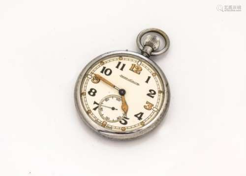 A WWII period Jaeger Le Coultre military issue open faced pocket watch, 50mm chromed case, cream