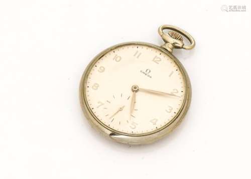 A 1960s Omega open faced pocket watch, 48mm appears to be chromed case, cream dial, appears to run