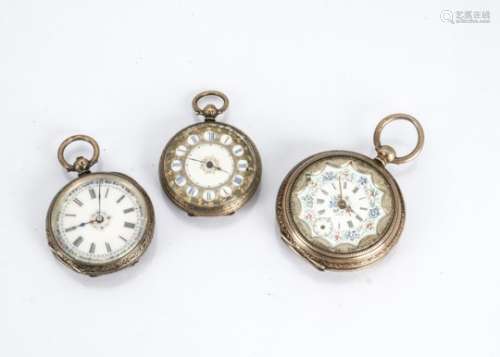 Three 19th century continental silver open faced ladies pocket watches, each with pretty dials (3)