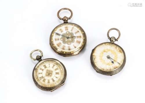 Three 19th century continental silver open faced ladies pocket watches, each with silvered dial with