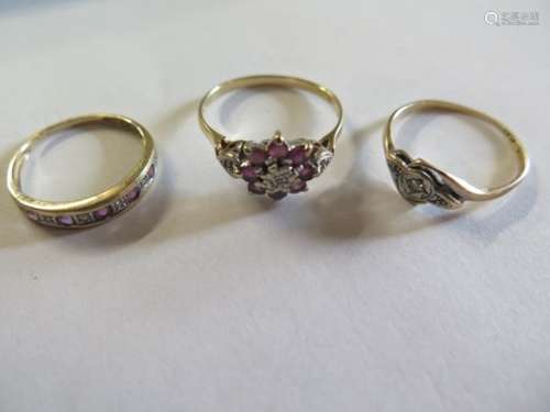 Three 9ct gold dress rings, diamond ans amethyst band/half eternity, size N - diamond and Ruby