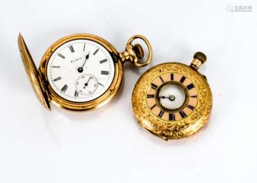 An early 20th century 14ct gold lady's half hunter pocket watch, together with an Elgin gold