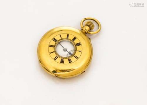 An Edwardian period 18ct gold half hunter pocket watch from Army & Navy, 46mm case, with blue enamel