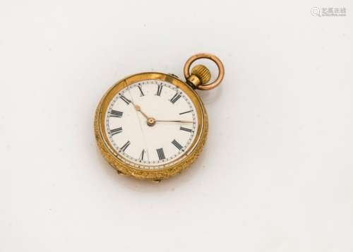 An early 20th century continental 18ct gold open faced lady's pocket watch, 34mm case, crack to