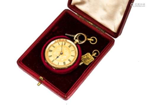 A late 19th century 18ct gold lady's open faced pocket watch, 35mm case with gold plated ring and