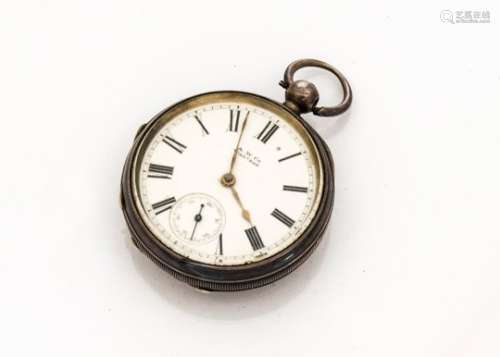 A late Victorian silver open faced pocket watch by Waltham, 49mm case marked Birmingham 1893,