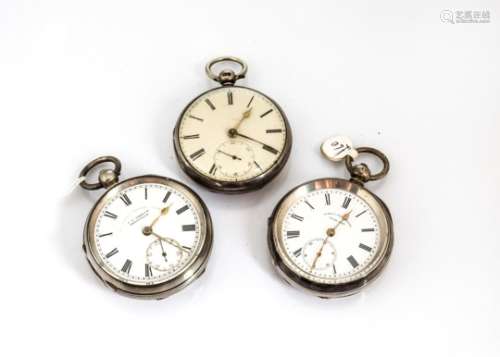 Three Victorian silver open faced pocket watches, one with cream coloured dial by Thomas Reynoldson,