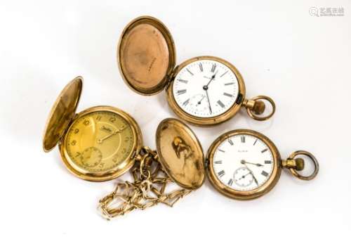 Three gold pated early 20th century pocket watches, all full hunters, one with chain, AF