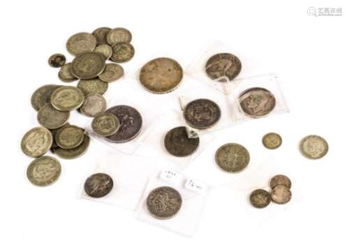 A collection of British silver coins, including a William III 1696 crown, worn-F, a George III