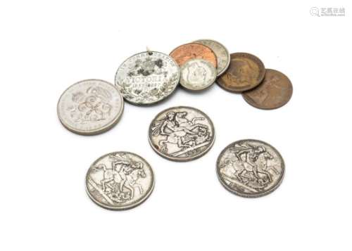 A small collection of Victorian and later coins, including three crowns, 1890, 1891, 1898, along