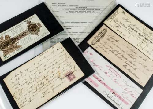 A folder containing bank notes and ephemera, including a letter from Margaret Thatcher, pre-