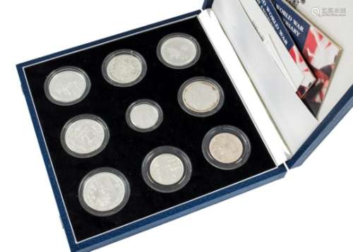 A Royal Mint collection of nine silver proof like WWII commemorative coins, in a case, with