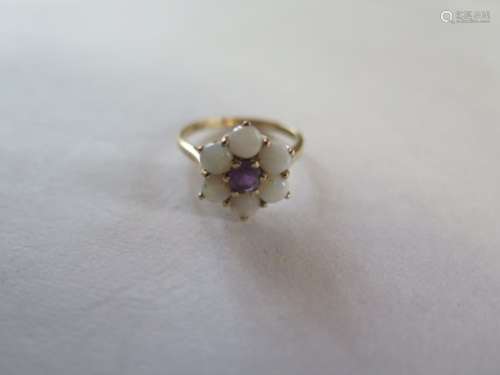 A 9ct yellow gold opal and amethyst ring, size K/L, approx 2 grams, in generally good condition