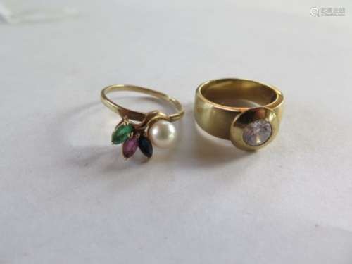 A 9ct gold pearl multi gem, ring size Q, and a 9ct dress ring, size O, total approx 7.4 grams