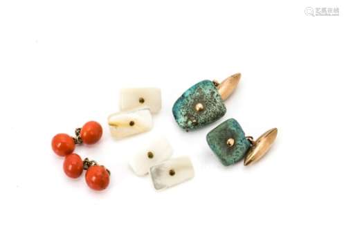 A pair of turquoise pebble and gold cufflinks, a pair of coral examples and a pair of mother of