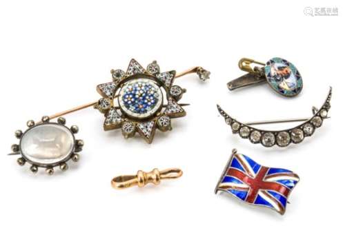 A small diamond stick pin, a glass opalescent silver set brooch, micro mosaic brooch, silver and