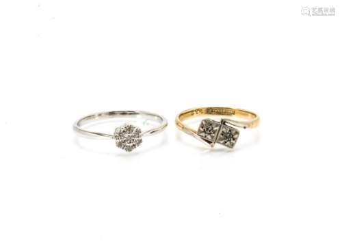 A 9ct gold illusion set diamond flower head ring, size O, together with an art deco style diamond
