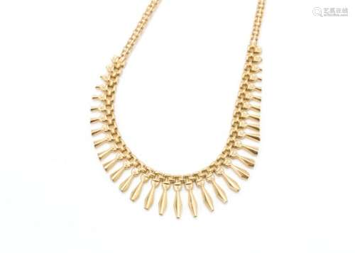 A 9ct gold Cleopatra style fringe necklace, with stylised Greek Key design and double oval link