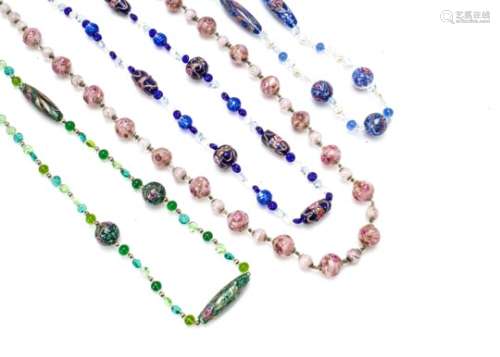 A collection of Italian Murano glass beads, in blues, greens and pinks, all having gilt aventurine