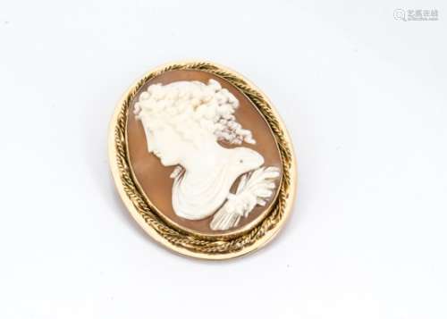 A 19th Century shell cameo, the oval plaque depicting the profile of a young Classical female over