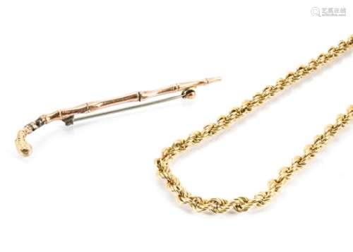 A 9ct gold rope twist necklace, a Victorian gold brooch in the form of a walking stick, 11g (af) (2)