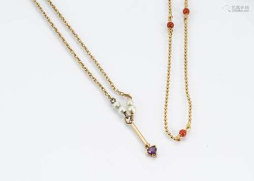 An 18ct gold fine bead and coral necklace, together with a 9ct gold amethyst and seed pearl necklace