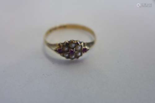 A pretty 18ct gold ruby and seed pearl ring, in Victorian style, size N, weight approx 1.3 grams