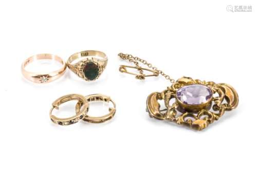 A pair of yellow metal diamond and sapphire hoop earrings, an amethyst gilt metal brooch, an
