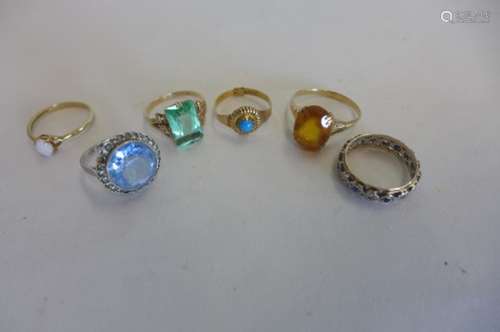 Six 9ct dress rings, with stones, weight approx 13.8 grams total - one is 9ct and silver - wear to