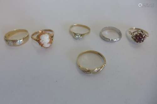 Six 9ct dress rings, some set with stones, total weight 14 grams - some shanks bent and rubbing to