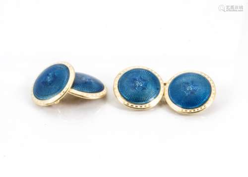 A pair of 18ct gold continental enamel cufflinks, the circular panels with engine turned