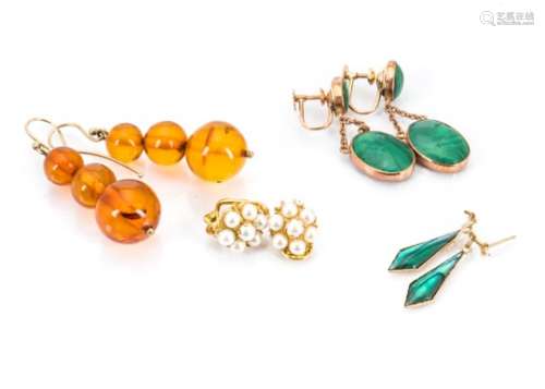 A pair of 9ct gold malachite drop earrings, together with a pair of seed pearl earrings, another