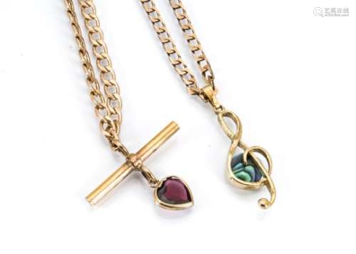 Two flattened curb linked gold chains, including one with T bar and amethyst heart shaped drop and