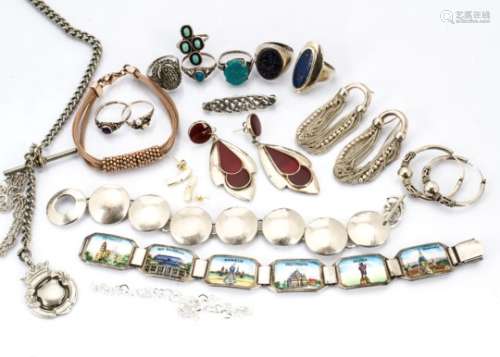 A quantity of silver jewels, including a German white metal and enamel bracelet, with scenes from