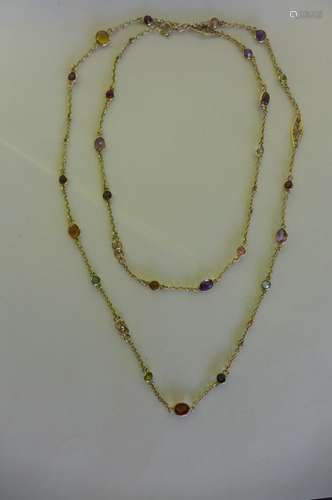 A 9ct gold necklace/guard chain, set with 24 gemstones, including amethyst, citrine, garnet,