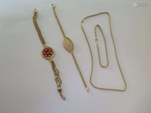 Three 14ct gold bracelets, and a 14ct gold necklace, total weight approx 24.9 grams