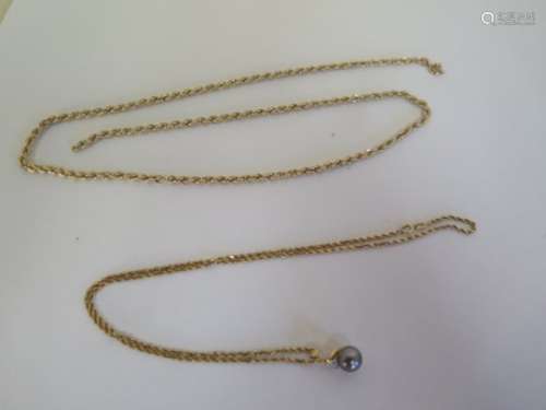 A 14ct gold chain, with an 18ct pearl pendant, total approx 5.3 grams, a 9ct chain with broken link,