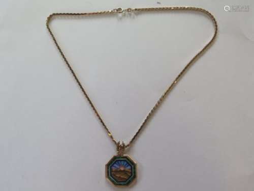 A Petra Dura octagonal pendant in a 9ct gold mount on a 9ct chain, chain 47cm long, approx 13.8