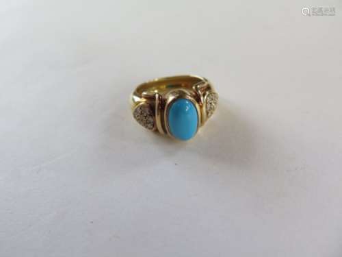 An 18ct yellow gold turquoise and diamond ring, set with small diamonds, size N, approx 10.7