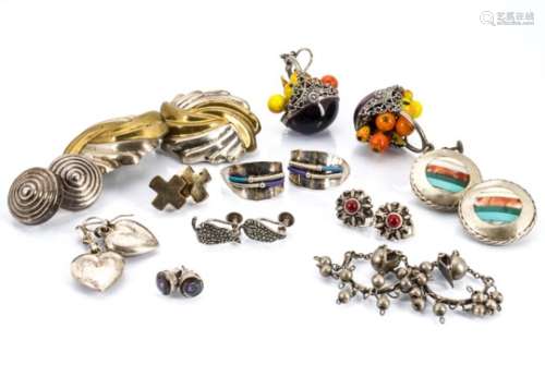 A quantity of white metal earrings, including a large pair of roundel clips, a pair of basket of