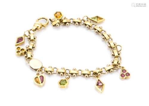 A yellow metal charm bracelet, each charm set with coloured gemstone, some marked 18K, 19cm, 21g