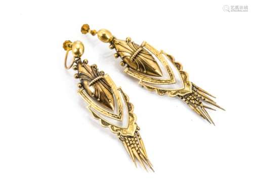 A pair of Victorian yellow metal earrings, the oval filigree central drop having hinged reversed