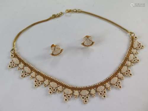 A 22ct gold pearl and multi gem necklace and matching earrings, necklace 41cm long, approx 33 grams,